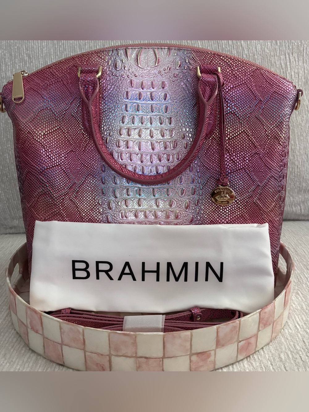 Brahmin Large Duxbury Satchel Multi Sundial Pink Iridescent Leather Crossbody